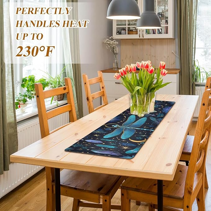 Dark Blue Dragonflies Stars Moons Trivet Table Runner Heat Resistant 230F for Hot Dishes Pots Plates Kitchen Dining Table Protector Decorative 39.37 X 11.8 Inch