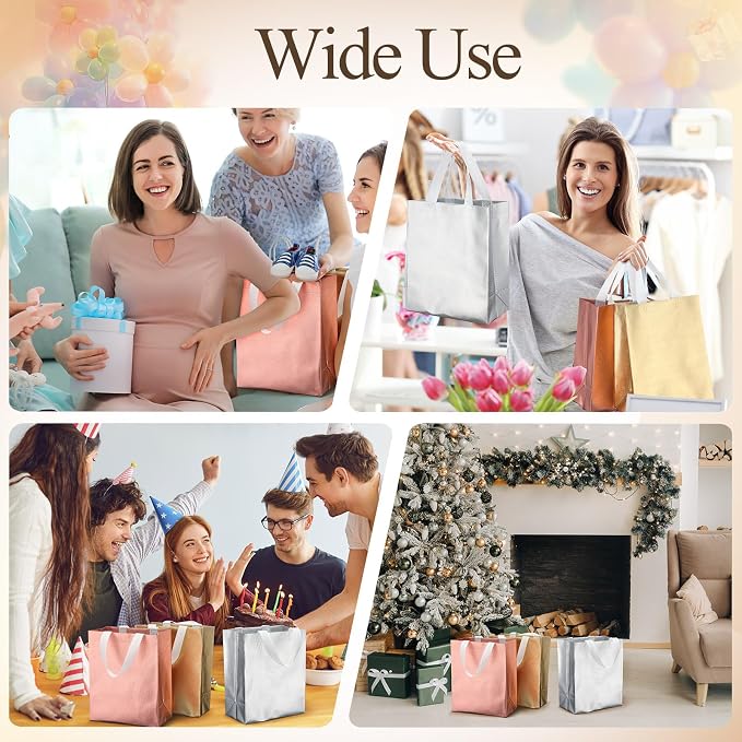 Eccliy Reusable Gift Bags Set Glossy Grocery Gift Tote Bag with Handle for Wedding, Bridal Shower, 4th of July, Summer Event(10 x 8 x 4.7 Inch,Gold,Silver,Rose Gold,80 Pcs)
