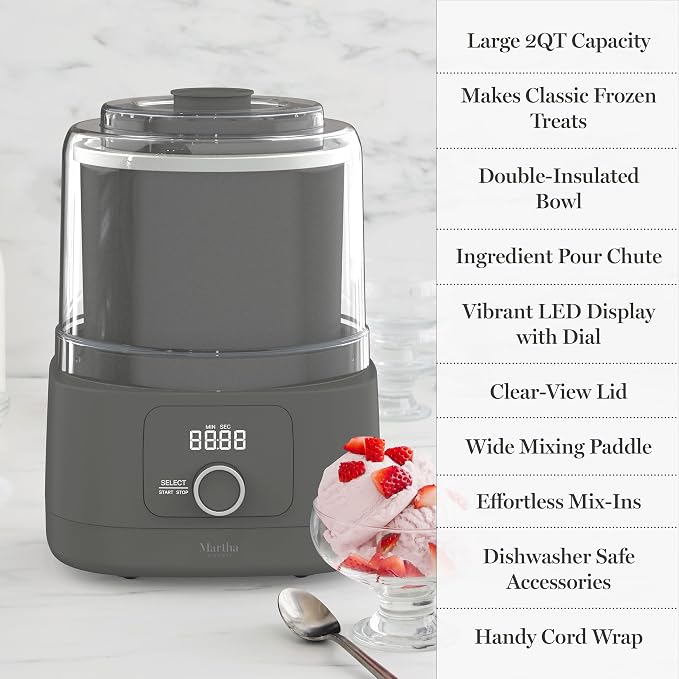 Martha Stewart Ice Cream Maker, 2 Quart Double-Insulated Freezer Bowl, Sorbet & Frozen Yogurt, Ready in 20 Minutes, Mix-Ins Chute, Easy to Clean, Caviar Gray
