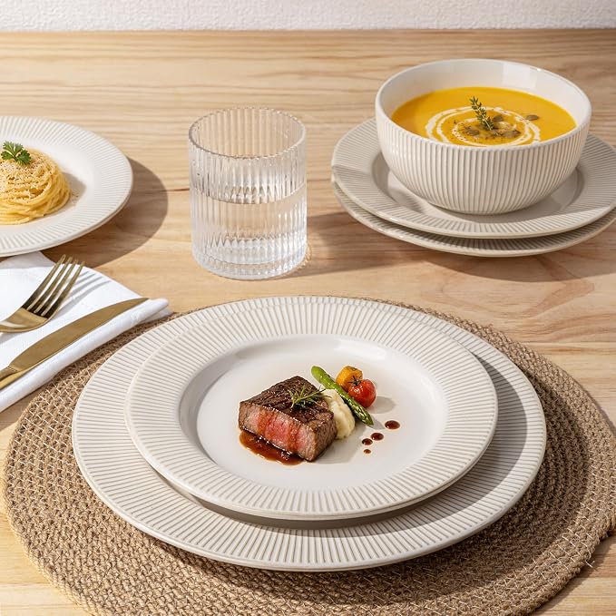 GBHOME Ceramic Dinnerware Sets,12 pcs Embossed Elegant Stoneware Plates and Bowls Sets, Housewarming Wedding Gift | Dishwasher & Microwave Safe | Dishes Set Service for 4