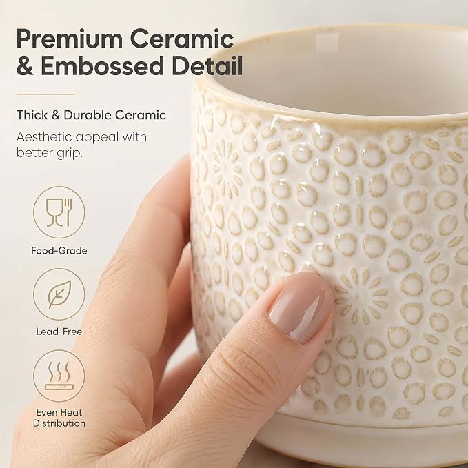 6 Oz Coffee Cups Set of 4, Stackable Espresso Cups with Metal Stand, Ceramic Cappuccino Cup, Embossed Coffee Mugs for Latte, Cocoa, Mocha, Tea, Housewarming Present, Dishwasher Safe