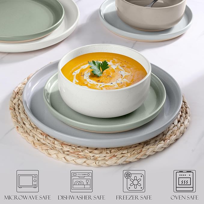 LIANYU 12 Piece Ceramic Dinnerware Set, Stoneware Dinner Dish Set for 4, Kitchen Modern Dishware Plates and Bowls, Scratch Resistant, Assorted Colors