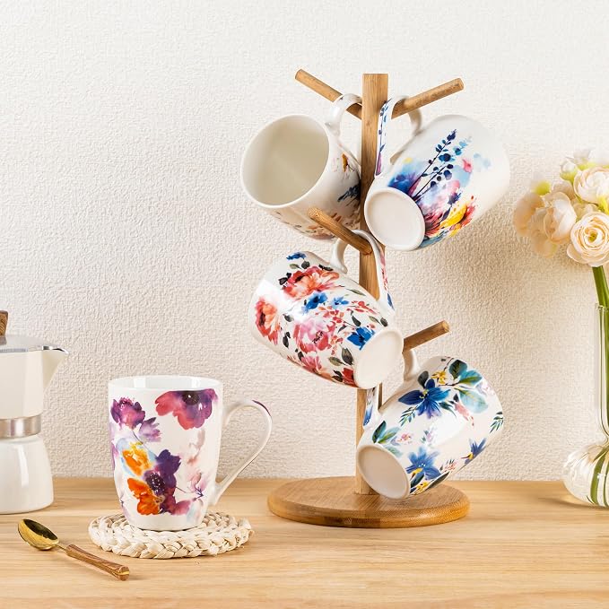 GBhome 12oz Coffee Mugs Set fo 6, Ceramic Coffee Mugs with Decaled Flowers for Man Woman Mom Dad, Light Weight Coffee Mugs Set for Latte/Cappuccino/Cocoa/Milk, Dishwasher & Microwave Safe