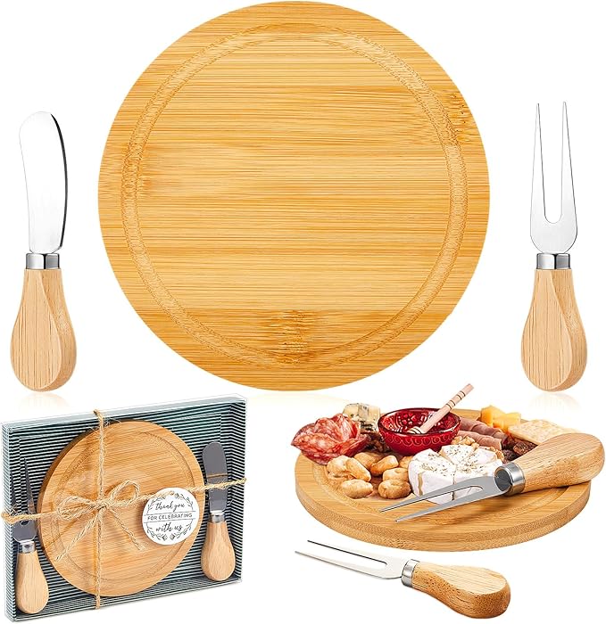 Maxcheck 4 Sets Baby Shower Bridal Game Prizes for Winners Round Cheese Board Set Wood Mini Charcuterie Board with Knives and Forks Thank You Card with Gift Box for Guests Wedding (Bamboo)
