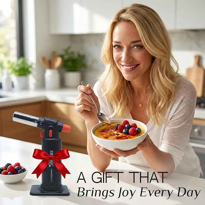 Jo Chef Kitchen Torch with Butane Included – Refillable butane torch Lighter with Safety Lock & Adjustable Flame, Culinary Blow Torch for Cooking, Creme Brulee 2 Cans (3.38oz) Included Black