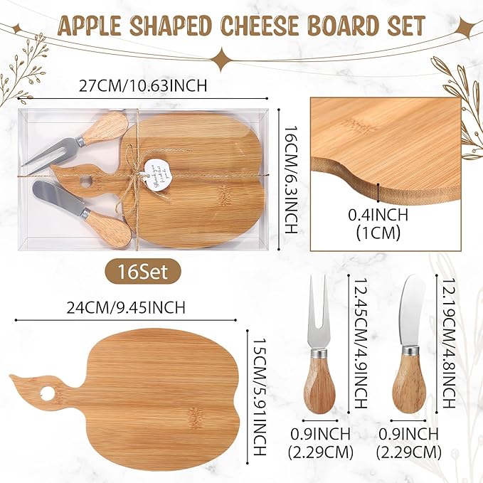 Nuogo 16 Set Wedding Bridal Shower Cheese Board Party Favors Wooden Mini Charcuterie Boards and Knives Set with Thank You Tags Bamboo Board Gifts for Guests Valentine Bridal Birthday Party(Apple)