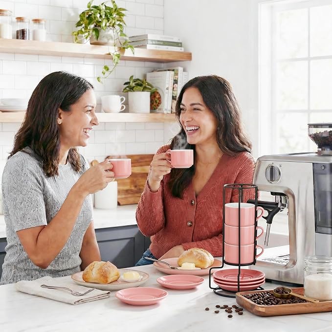 Espresso Cups Set of 4, 4oz Stackable Coffee Cups with Saucers and Metal Stand, Pink Demitasse Cups, Expresso Shots Cup Set
