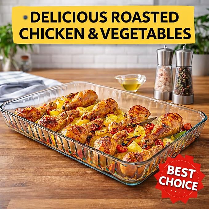 2-Piece Ums 4-Qt (16" x 11" x 2") Glass Baking Dishes for Oven, Glass Oven Pan & Tray Bakeware, Borosilicate Glass Casserole Dish Cookware, Microwave & Oven-Safe Clear Bakeware