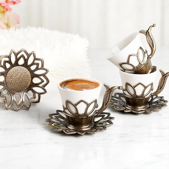 Alisveristime (Set of 6) Turkish Coffee Set with Porcelain Cups, Zamac Holders & Saucers – 80ml Capacity, Ottoman Motif, 4 Color Options (Antique Green)