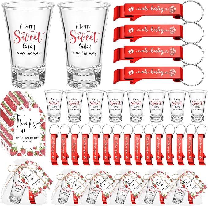 50 Sets Baby Shower Favor for Guests Acrylic Shot Glasses with Bottle Opener Keychains Thank You Tags and Bags Gender Reveal Party Favors for Guest Baby Shower Return Gift(Strawberry)