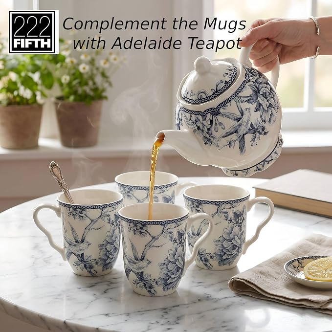 222 Fifth Adelaide Large Coffee Mugs Set of 4, 14.5 oz Porcelain Coffee Cups with Handle, Ceramic Tea Cup for Cappuccino, Latte, Cocoa, Microwave & Dishwasher Safe Decorative Gift Sets, Blue and White