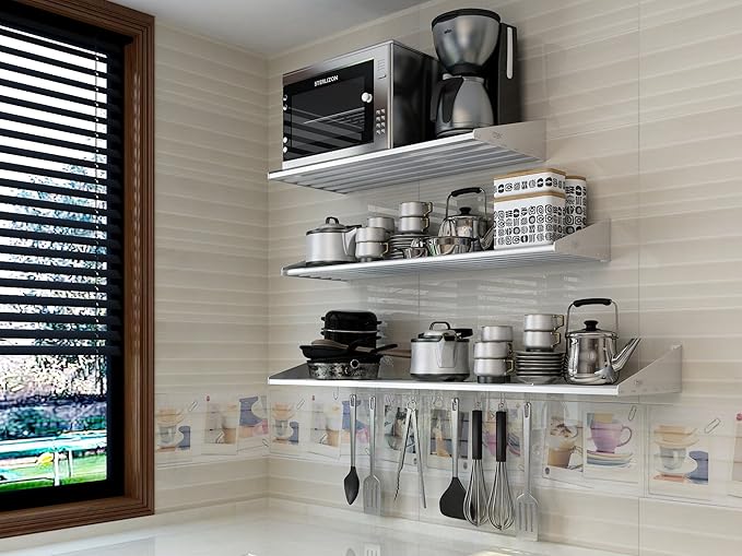 304 Stainless Steel Standard Wall Shelf, Cookware Storage Organizer, Kitchen Wall Pot Pan Rack,With 6 Hooks, Capacity 200 lb (23.5" x 14") suitable for Electric Oven, Microwave oven