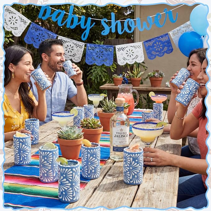 12 Set Cielito Lindo Party Favors Mexican Tequila Shot Glasses Mexican Pottery Gift Mugs for Tequila Lover Favors Birthday Party Supplies (Blue, Handleless)