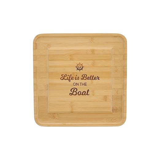 Pavilion - Life Is Better On The Boat - Square Cheese Board & Knife Set with Hidden Drawer, Charcuterie Board, Bread Board, 1 Count - Pack of 5, 13 x 13 x 1.25-Inches