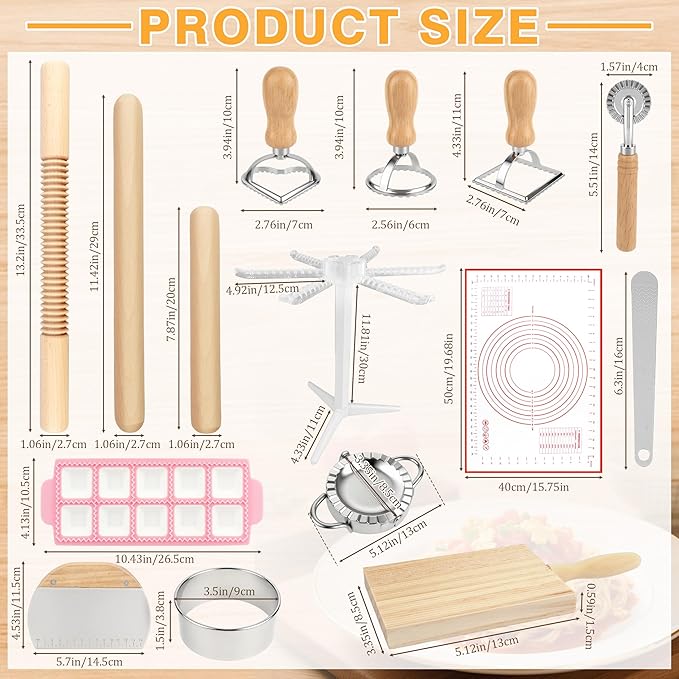 TREWAVE 15 Pcs Pasta Making Tools Set, Homemade Pasta Making Kit Includes Ravioli Maker Mold, Gnocchi Board, Pasta Drying Rack, Red Pastry Mat and Rolling Pin for Beginners & Home Chefs