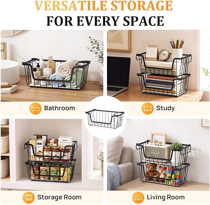 SUNALLY Stackable Storage Bins 6 Pcs Wire Baskets for Pantry Organizers and Storage, Vegetable Fruit Storage Basket for Countertop Organizer,Kitchen Storage Baskets for Onion Potato Snack,Black