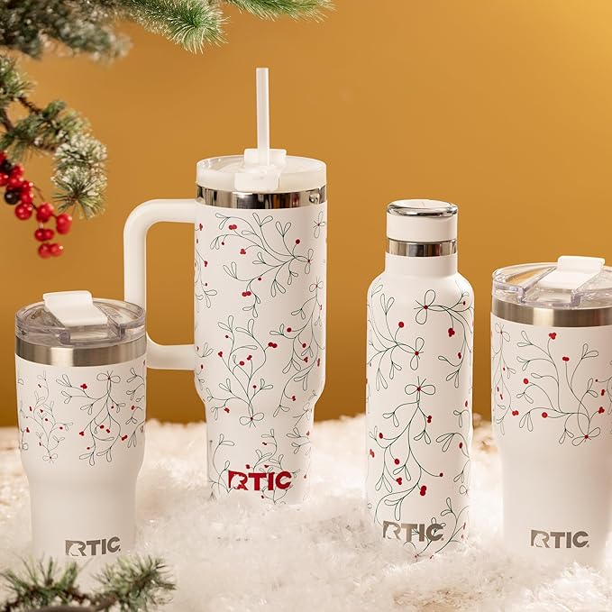 RTIC 40 oz Road Trip Tumbler Double-Walled Cermaic Lined Insulated Stainless Steel Portable Travel Coffee Mug Cup with Lid, Handle and Straw, Mistletoe