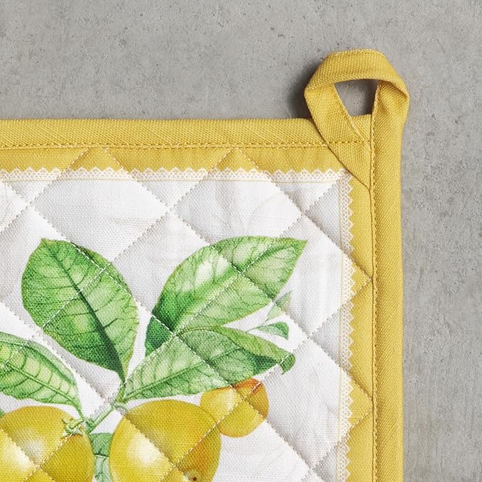 Maison d' Hermine Pot Holders 100% Cotton Heat Resistant Potholders 8" x 8" Hot Pads with Loop BBQ Cooking Baking Gifts for Mothers Day Handling Hot Pans Spring/Summer (Pack of 1, Limoncello)