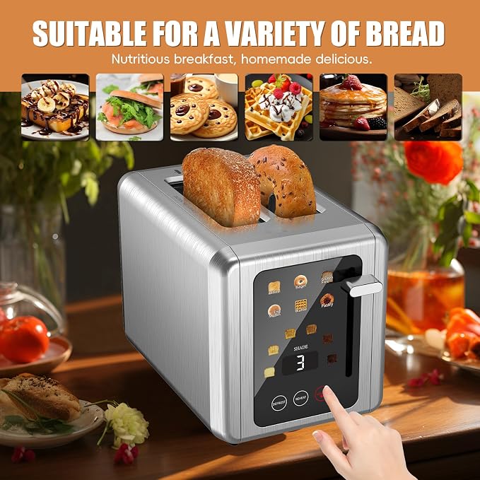 Touch screen Toasters 2 slice,Stainless Steel Digital Timer Toaster with Sound Function,6 Bread Types & 6 Shade Settings,Smart Extra Wide Slots Toaster with Bagel,Defrost Functions,Grey