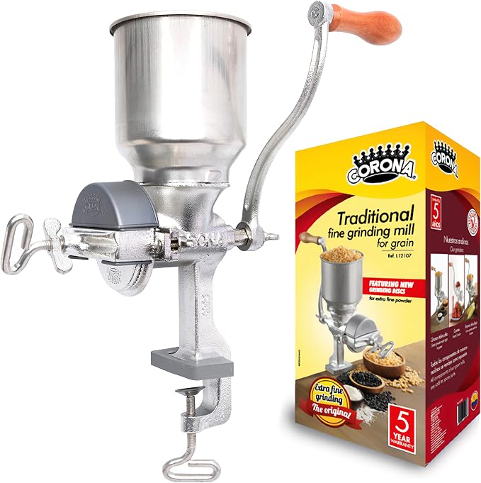 Corona Corn Grinder with High Hopper, Grain Mill, Manual Grinder For Corn, Rice, Soybeans, Pepper, Chickpeas, Cast Iron Wheat Grinder For Domestic Use