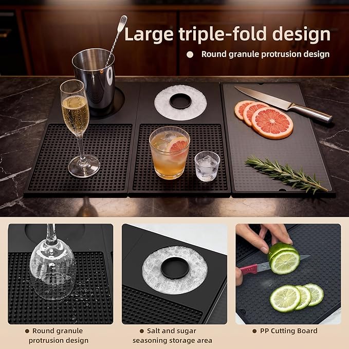 12'' x 22'' Silicone Cocktail Bar Mat for Bartending & Home Bar - Multifunctional Folding Drink Mat with Cutting Board - Portable Black Bar Countertop Accessories & Spill Mat(Black)