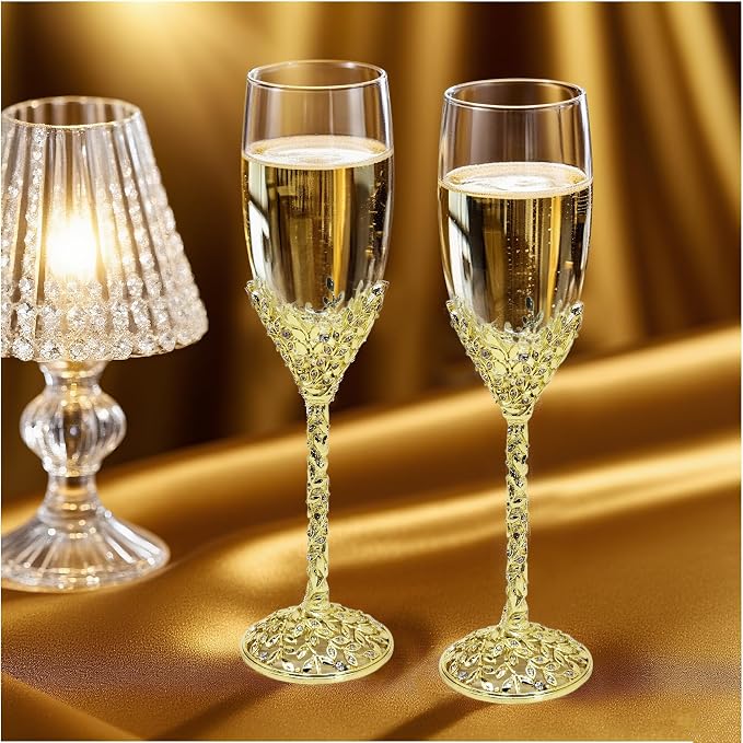 Gold Champagne Flutes -His and Hers,Wedding Toasting Glasses for Wedding,Engagement Celebrations, Bridal Shower and Registry Idea,Wine Glasses for Bride and Groom Gifts,7oz (Light Glod)