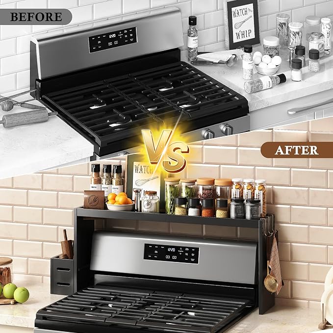 Bamboo Over the Stove Shelf 31in - Durable Stove Shelf for Back of Stove with Non-Slip EVA Liner, 6 Hooks & Utensil Holder, Spice Rack for Standard Stoves (Black)