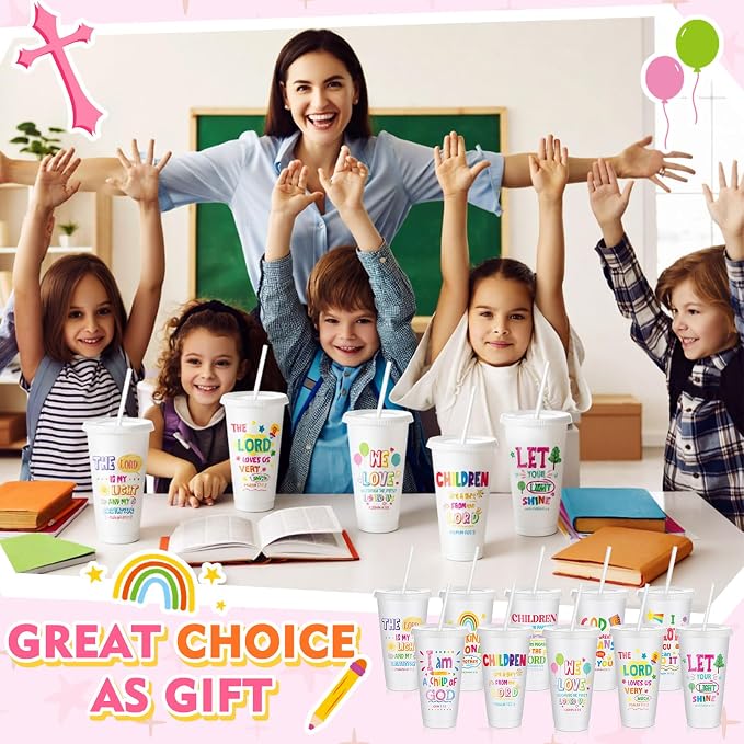 Uiifan 10 Pcs VBS Christian Tumblers with Straws for Kids, Bible Verse Cups for VBS, Sunday School, Church Party Favors and Faith Gifts, Reusable Plastic Tumblers with Lids, 24 oz, White