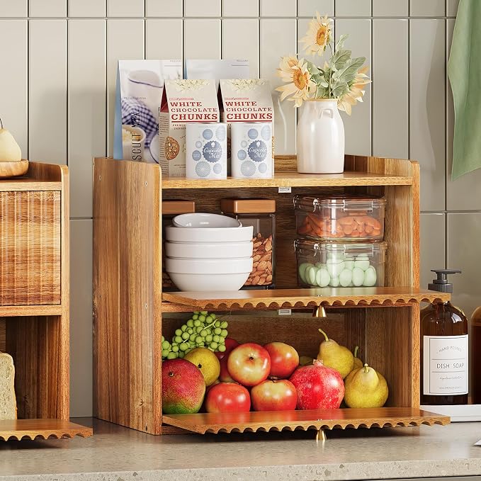 Trironsun Acacia Bread Box for Kitchen Countertop Wood Bread Storage Container Bin Double Layer BreadBox Farmhouse Large Capacity Food Organizer (Acacia Wood)