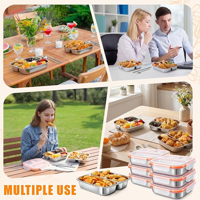 36 Pcs Stainless Steel Snack Container Set with Fork, Knife, Spoon & Chopsticks – 6 Pack 20.3 oz Leakproof Bento Snack Boxes, 2-compartment Food Storage Container for Fruit, Meal Prep & Travel
