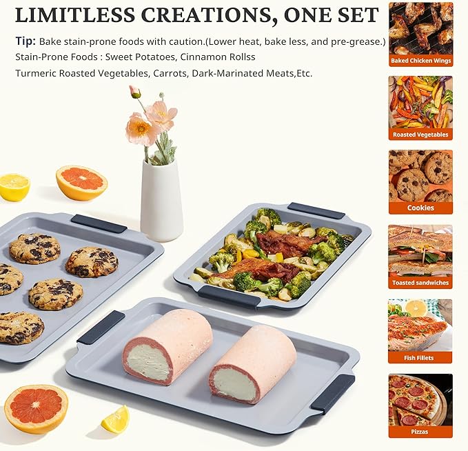 BRONYPRO Non Stick Ceramic Baking Sheet Pan Set of 3, Non Toxic Cookie Sheets (PFOA/PTFE Free), Aluminized Steel Oven Trays with Silicone Handles, Rust-Resistant, Warp-Resistant to 500°F, Blue Gray