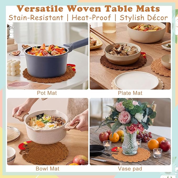 LemonRoad Handmade Crochet Chicken Trivets Set of 6, Farmhouse Hot Pots Holder Gifts Cute Braided Woven Coaster Protector for Dishes Mothers Day Lovers Housewarming 6.5" x 6.8"(Retro Style)