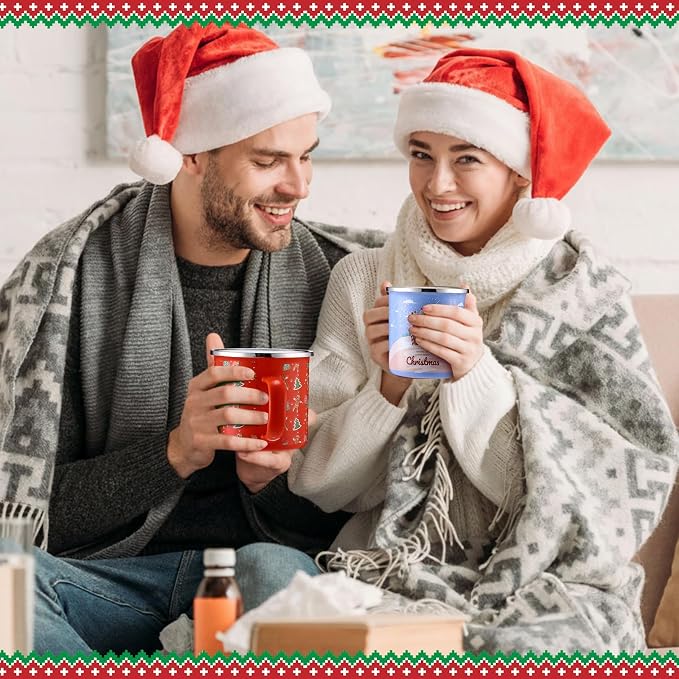 Sliner 16 Pcs Christmas Enamel Mugs, 12 oz Coffee Mugs Bulk Hot Chocolate Mug Set Cute Enamel Tea Cups Winter Holiday Christmas Employee Gift for Family Coworkers (Fashion Style)