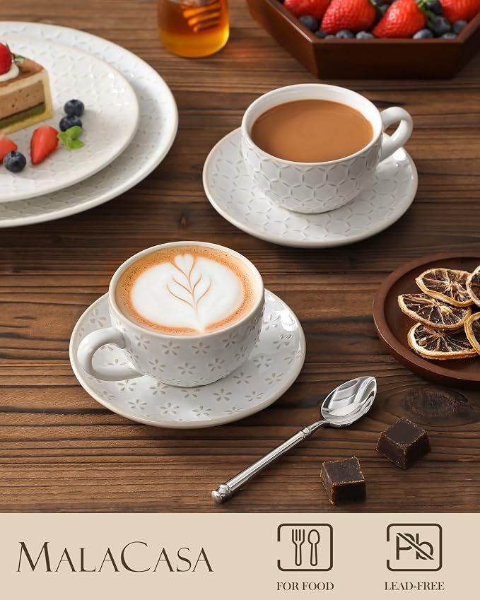 MALACASA 6 OZ Cappuccino Cups with Saucers Set of 4 - Ceramic Stackable Tea Cups and Saucers, Embossment Coffee Mugs for Tea, Latte and Mocha, Dishwasher Safe, Arctic white, LYDIA Series