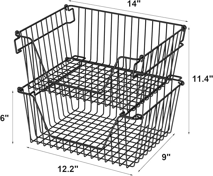 Stackable Wire Metal Baskets Sturdy Cabinet Organizer Wire Pantry Freezer Bin with Handle for Kitchen Pantry Fruit Vegetable Organization, Black, 4Packs
