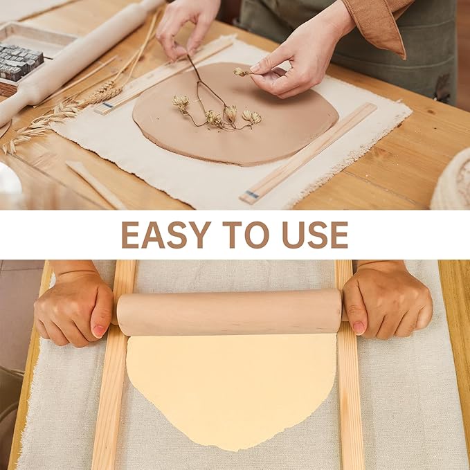 12 Pcs Pottery Tools Include 1 Wood Rolling Pin Sculpting Polymer Clay Tools 1 Portable Pottery Wedging Board/Linen Tablecloth and 10 Pcs 5 Size Teaching Rolling Mud Stick Guide