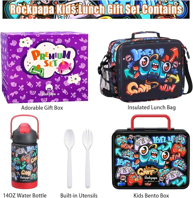 rockpapa Kids Lunch Box Set with 14oz Insulated Water Bottle & Lunch Bag, Leakproof 5.5 Cups Bento Box for School & Children, BPA-Free, Microwave Safe for Boys Girls (Black Games)
