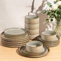 GBHOME 18-Piece Stoneware Dinnerware Set for 6 – Ribbed Ceramic Plates and Bowls, Scratch-Resistant, Microwave & Dishwasher Safe, Reactive Glaze, Reactive Glaze Green Wheat