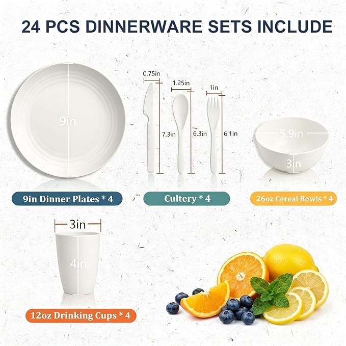 Dishes Set for 4, Wheat Straw Plate and Bowl Set, Unbreakable Kids Dinnerware Set 24 Piece, Microwave and Dishwahser Safe Dishware sets for Apartment, Kitchen, Camping, Dorm - White