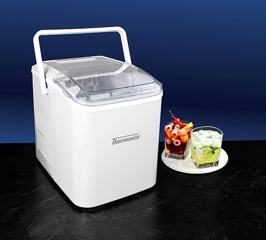 Nostalgia Thermostar Automatic Self-Cleaning Portable Electric Countertop Ice Maker Machine with Handle,26 Pounds in 24 Hours with Ice Scoop and Basket,Perfect for Water Bottles,Drinks,Parties,White