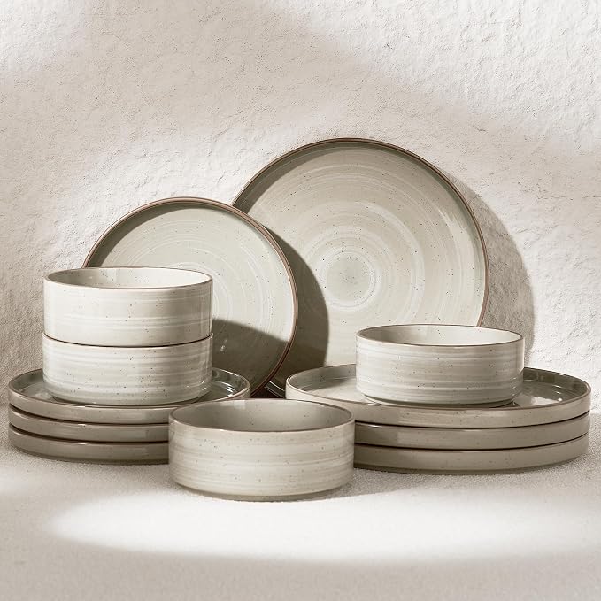 Famiware Stellar Stoneware Dinnerware Set, 12-Piece, Double Reactive Glaze, Plates and Bowls, Service for 4, Microwave and Dishwasher Safe, Scratch-Resistant, Matcha Green