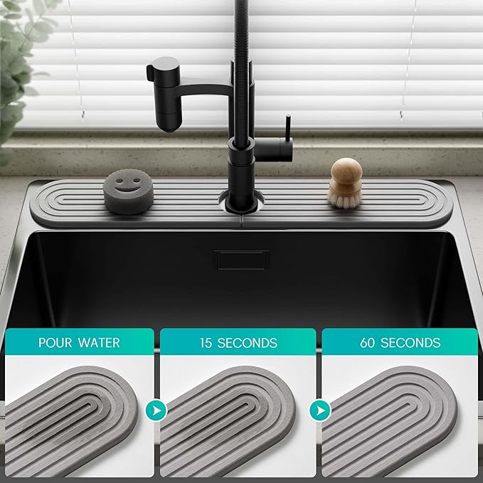 Stone Faucet Mat for Kitchen Sink – Diatomite Fast-Drying Stone Tray, Faucet Mat Sink Splash Guard, Decorative Sink Protector for Kitchen Bathroom Counter (Grey, 20''x3.9'')