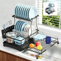 2 Tier Dish Drying Rack, Large Extendable Dish Racks for Kitchen Counter , Dishrack with Drainboard, 2-in-1 Anti-Rust Stainless Steel Dish Drainer with Utensil Holder (Black, double of Dish Rack)