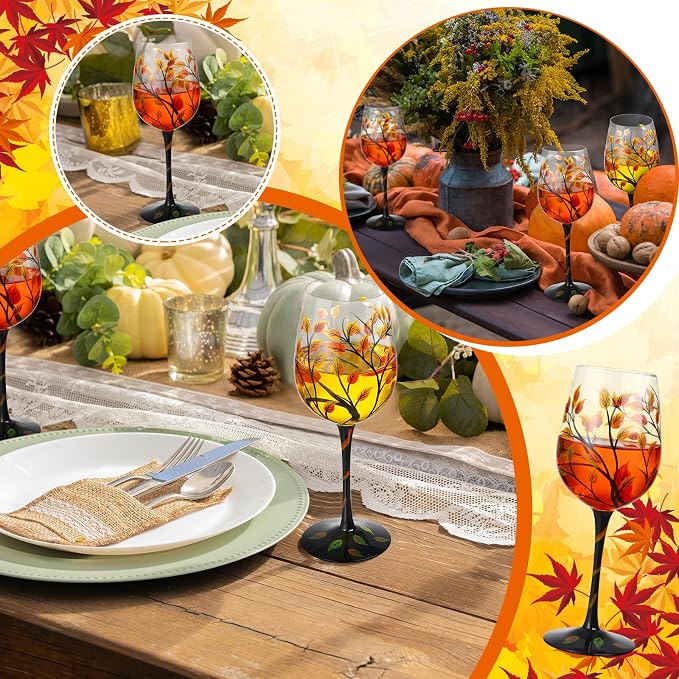 SiliFine 2 Pcs Autumn Fall Leaves Theme Party Stemmed Wine Glasses Hand Painted Drinking Cup Wine Glasses Gifts for Birthday Theme Holiday Party Supplies