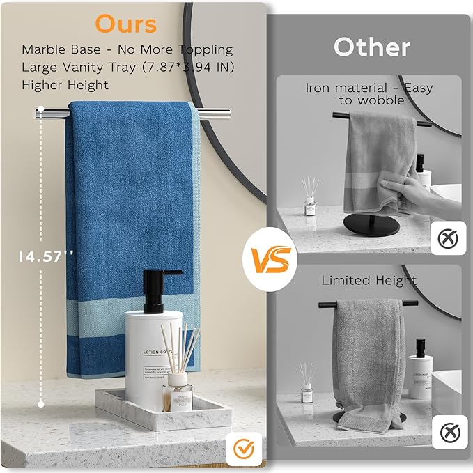 Volnamal Hand Towel Holder, 2 in 1 T-Shape Hand Towel Stand for Bathroom with Marble Base Tray, Hand Towel Rack Standing for Vanity Kitchen Countertop, Stainless Steel (Brushed)