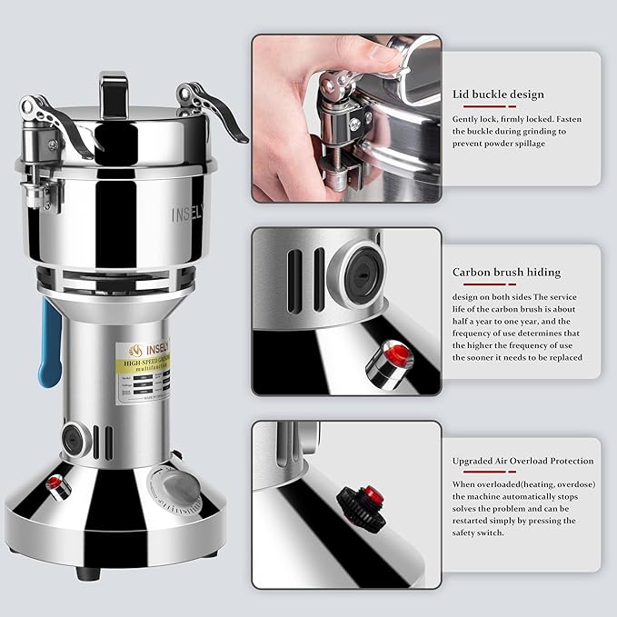 700g Grain Mill Grinder，Stainless Steel Grain Mill for Flour Nut Pill Wheat Corn Herbs Spices & Seasonings Dry Grinder Electric Machine Grinder for Kitchen