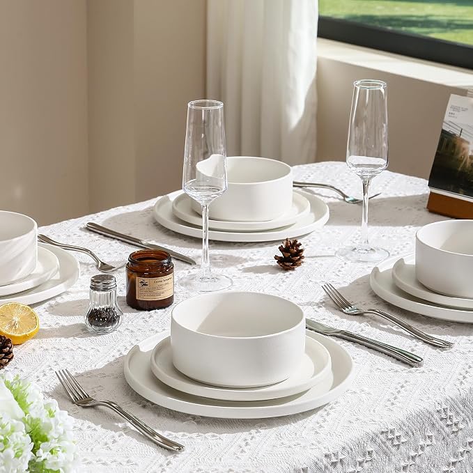 GZG Classic Series - Plates and Bowls Set for 4, 12 Piece Stoneware Dinnerware Sets, Microwave and Dishwasher Safe Lead-Free Handcrafted Ceramic Dishes Set - Ivory White