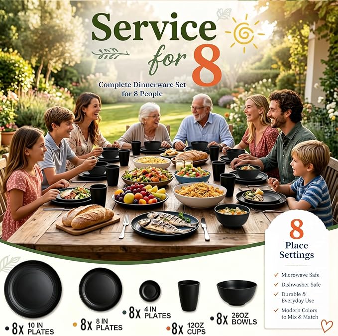 Wrova Wheat Straw Dinnerware Sets 40-Piece- Kitchen Plates and Bowls Sets for 8- Unbreakable Dishes Set Microwave Safe- Deep Dinner Plates/Cereal Bowls/Sauce Dishes/Drink Cups for RV,Apartment- Black