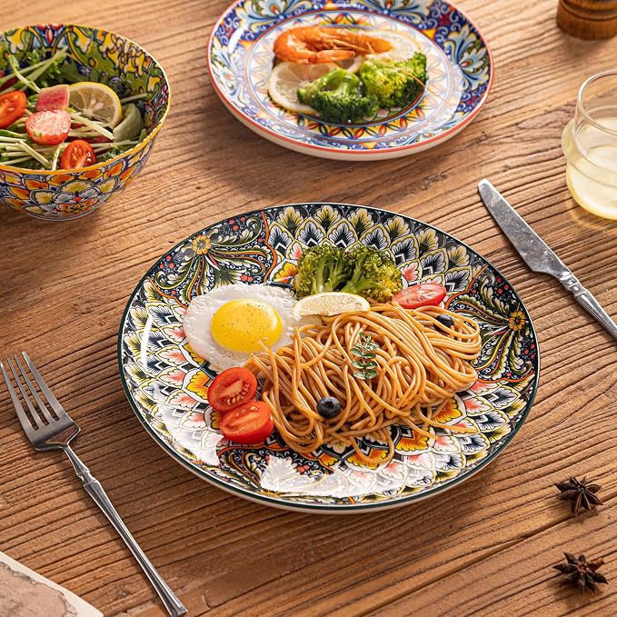 12-Piece Bohemian Floral Ceramic Dinnerware Set, Vibrant Mandala Floral Plates Bowls, Decorative Plates & Bowls, Microwave & Dishwasher Safe for Kitchen