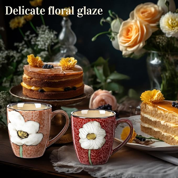 Maxdot 2 Pcs 12oz Ceramic Coffee Mugs Sets Glazing Process Cappuccino Mug Floral Ceramic Tea Cups Idea Gift Set for Women Porcelain Cup for Coffee, Cocoa, Tea, Latte (Retro) (Vintage)